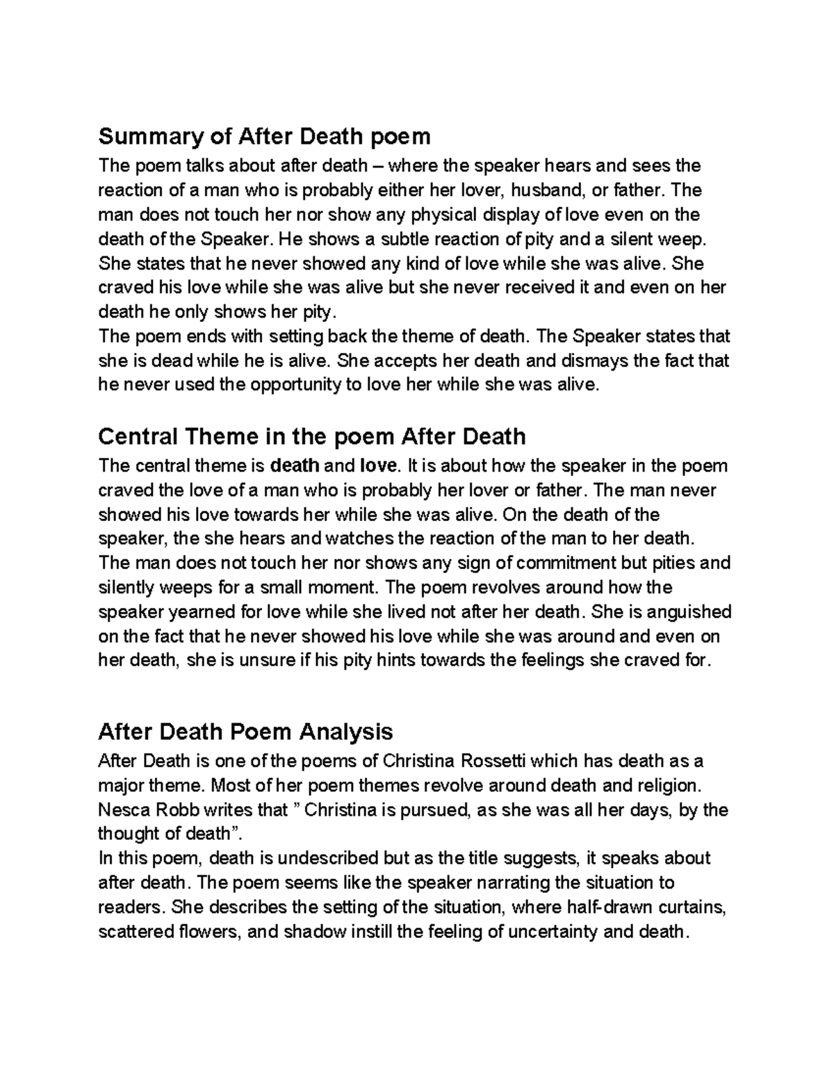 Summary of After Death poem - The man does not touch her nor show any ...