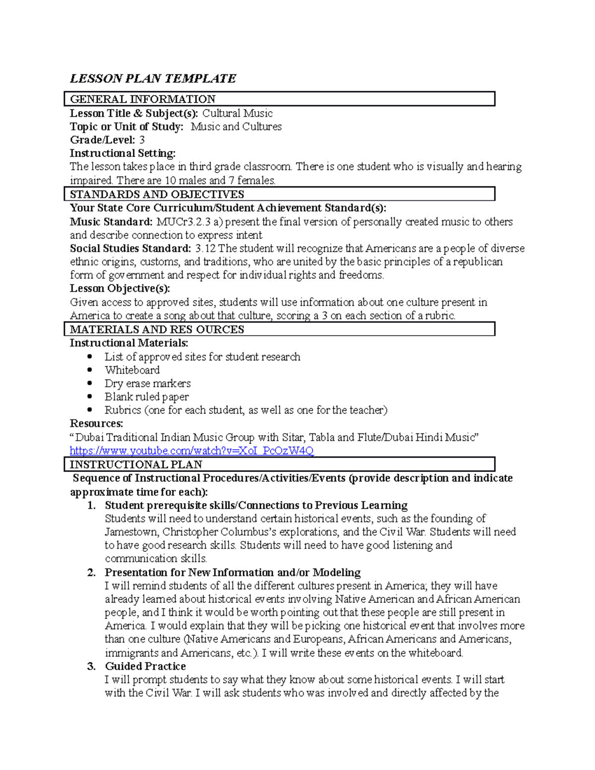 Music and Social Studies from matrix - LESSON PLAN TEMPLATE GENERAL ...