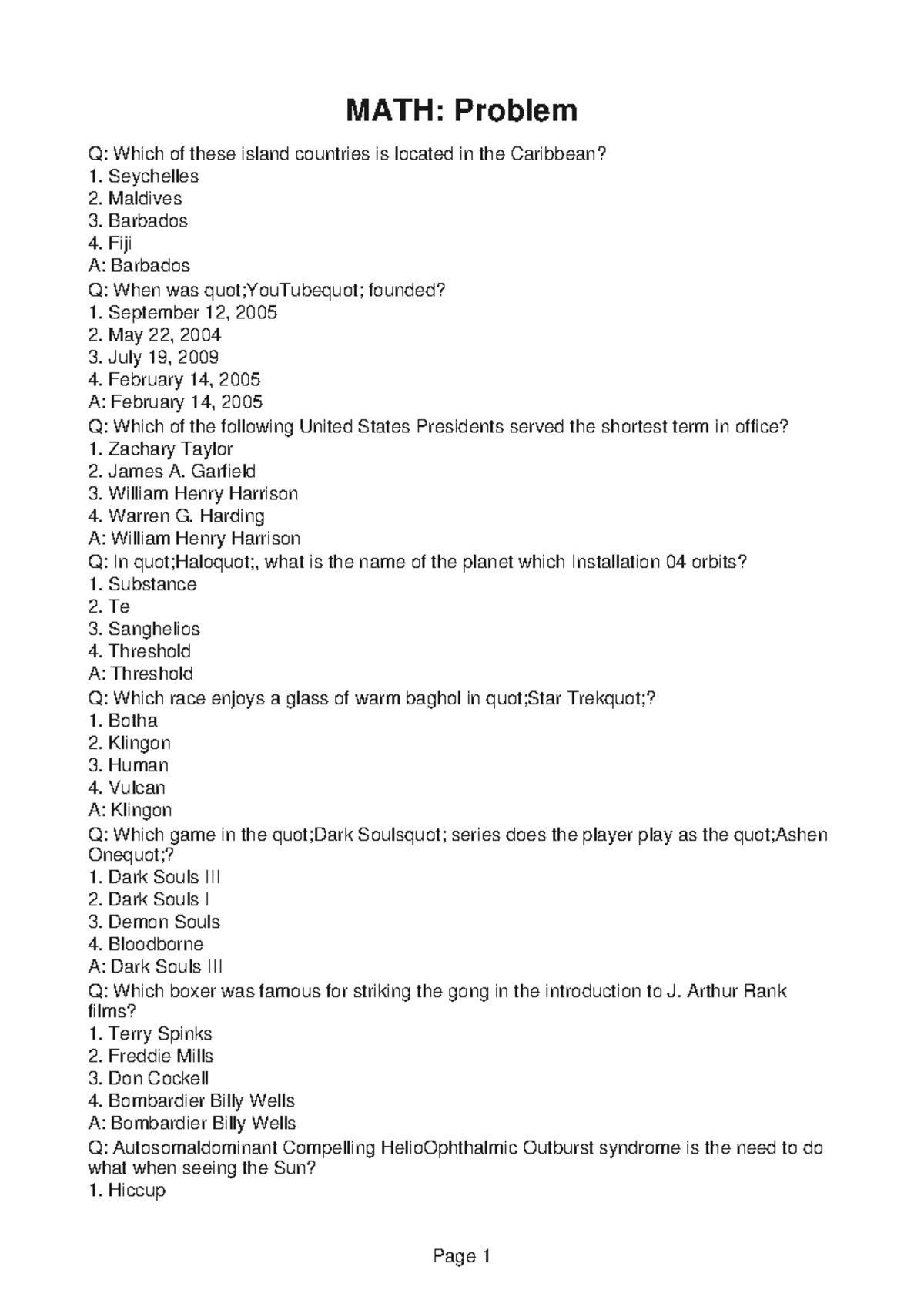 MATH328 Cheat Sheet 3 - MATH: Problem Q: Which of these island ...