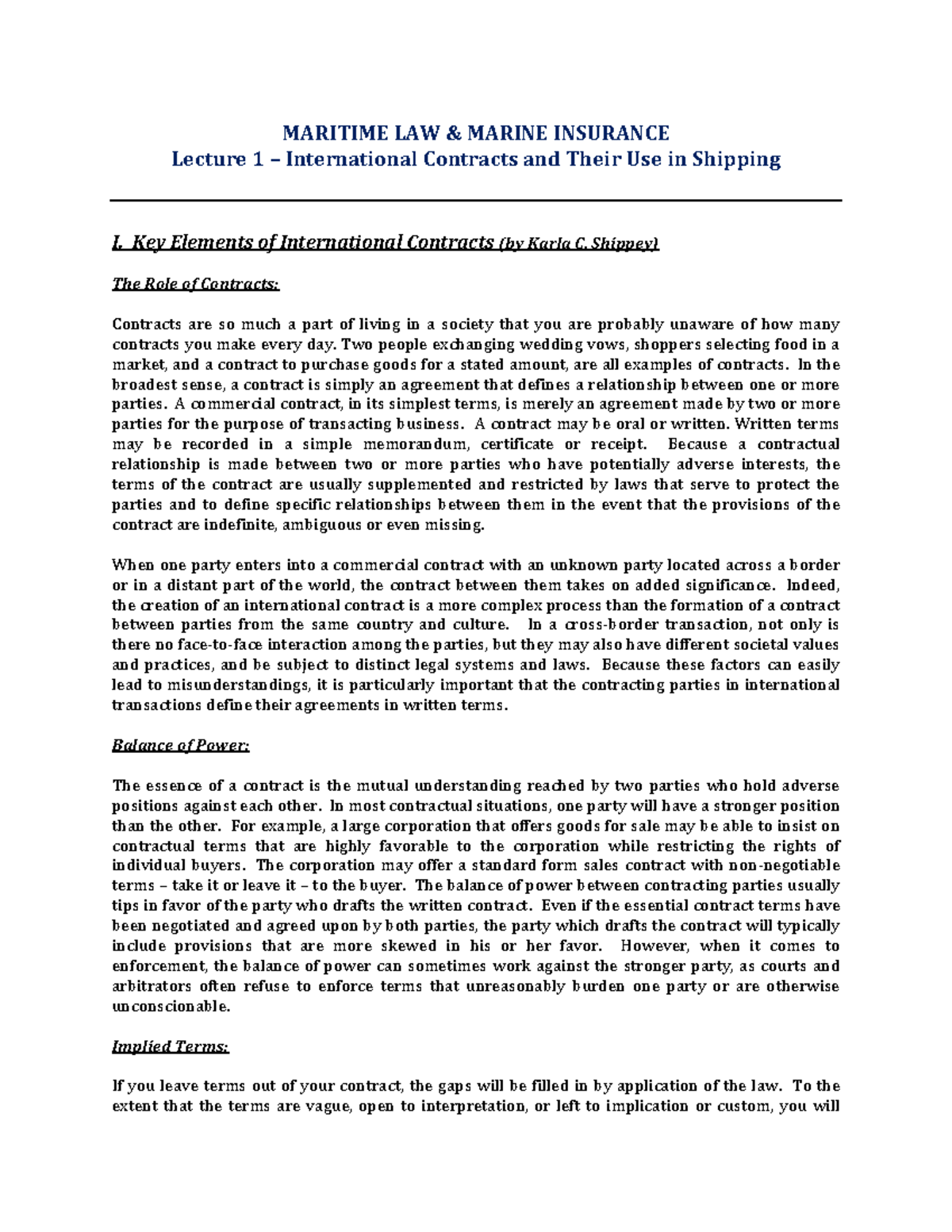 Marine Law Insurance Lecture 1Notes MARITIME LAW & MARINE INSURANCE