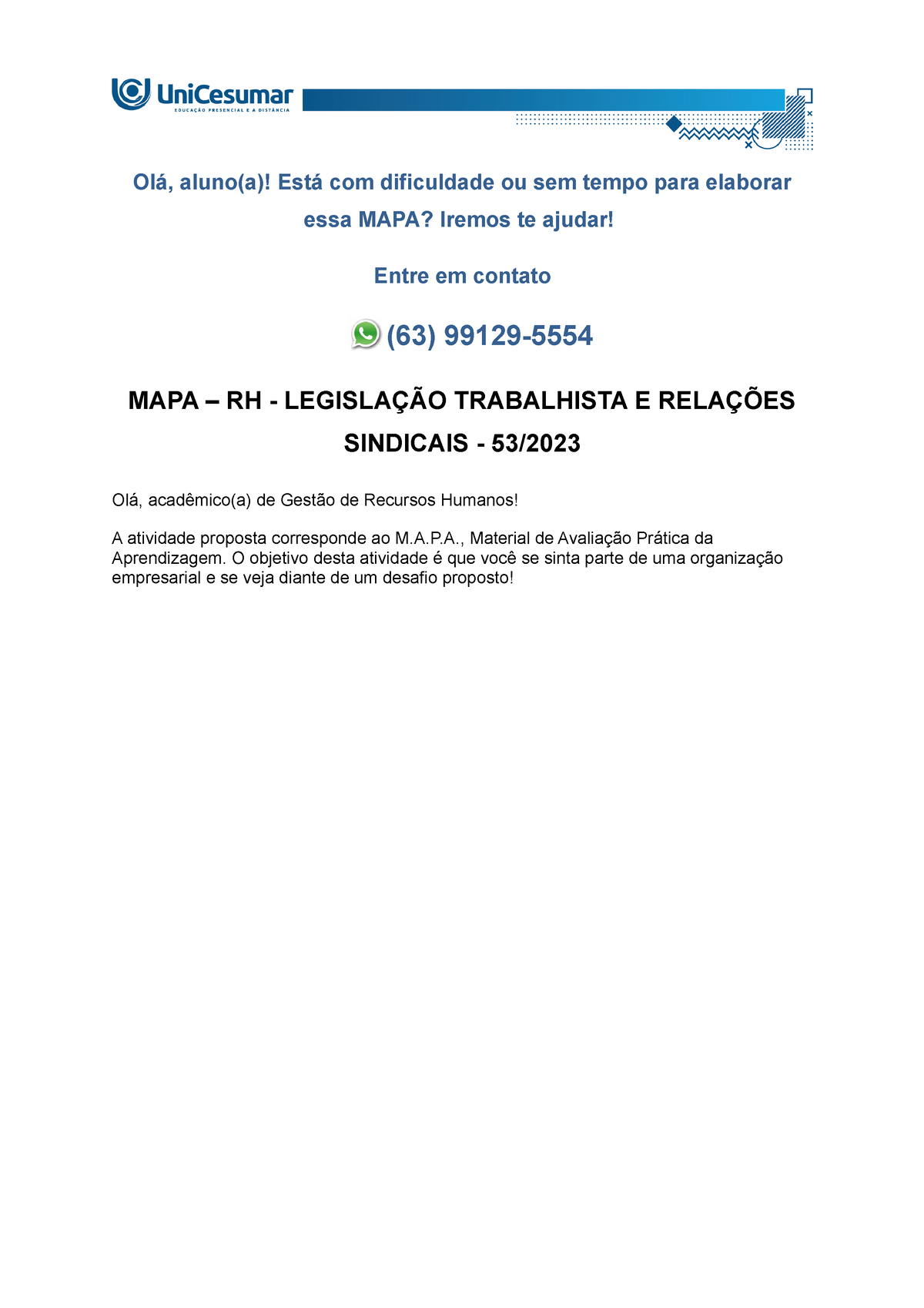 MAPA - RH - LEGISLAÇÃO TRABALHISTA E RELAÇÕES SINDICAIS - 53/2023 - Olá ...