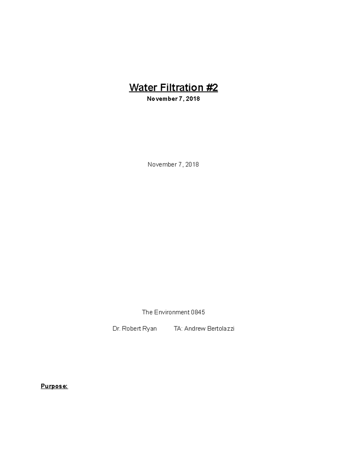 Lab Report Lab 2 Taken with Dr. Robert Ryan Water Filtration