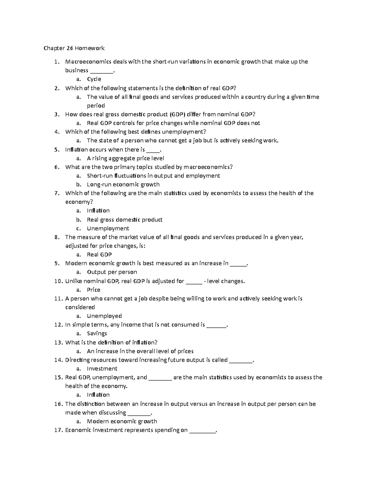 Chapter 26 homework - Chapter 26 Homework Macroeconomics deals with the ...
