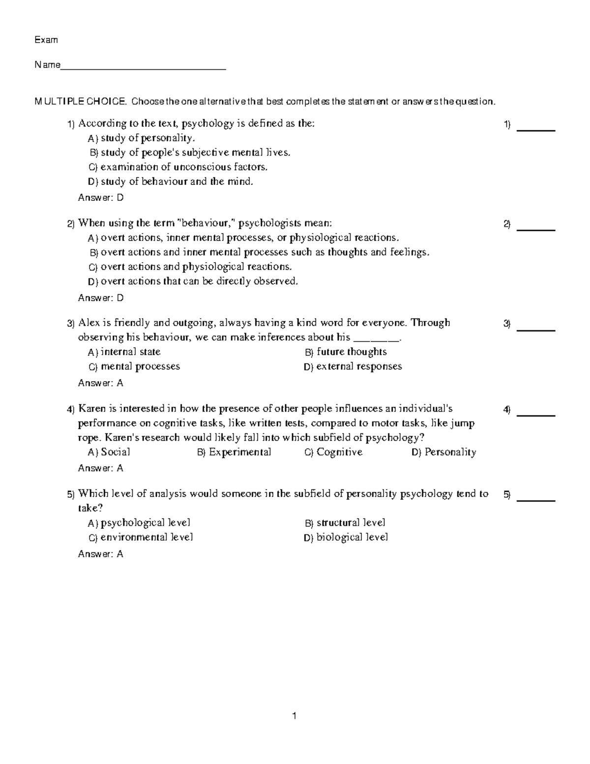 Psych Exam Practice - Exam Name ...