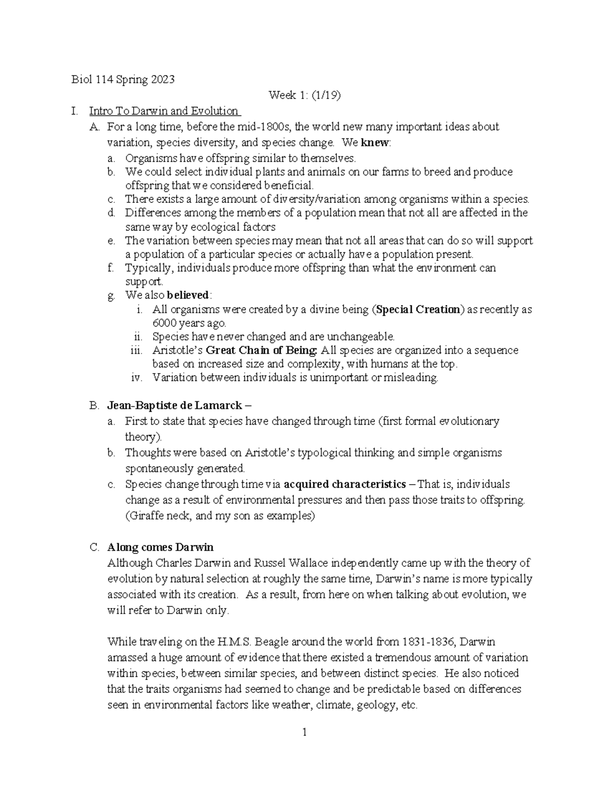 Lecture week 1 (1-19) - Notes Introduction to Evolution - Biol 114 ...