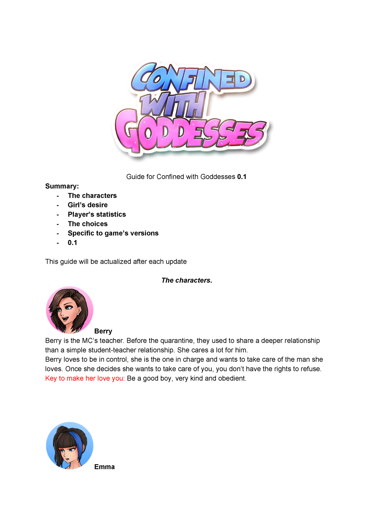 Cw G guide - N7jmum - Guide for Confined with Goddesses 0. Summary: The  characters Girl's desire - Studocu