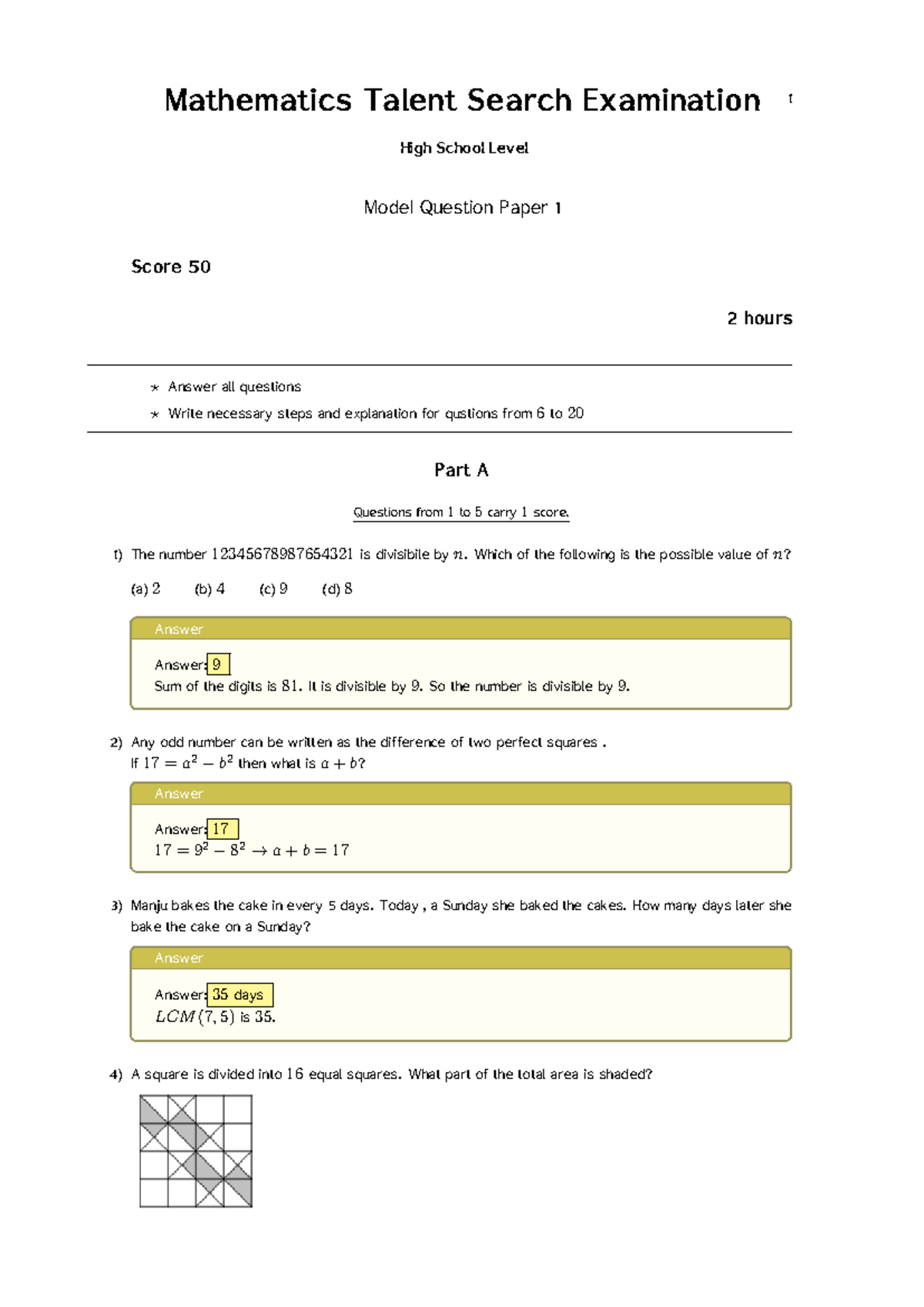 Talent-answers - xXXXXX - Mathematics Talent Search Examination 1 High ...