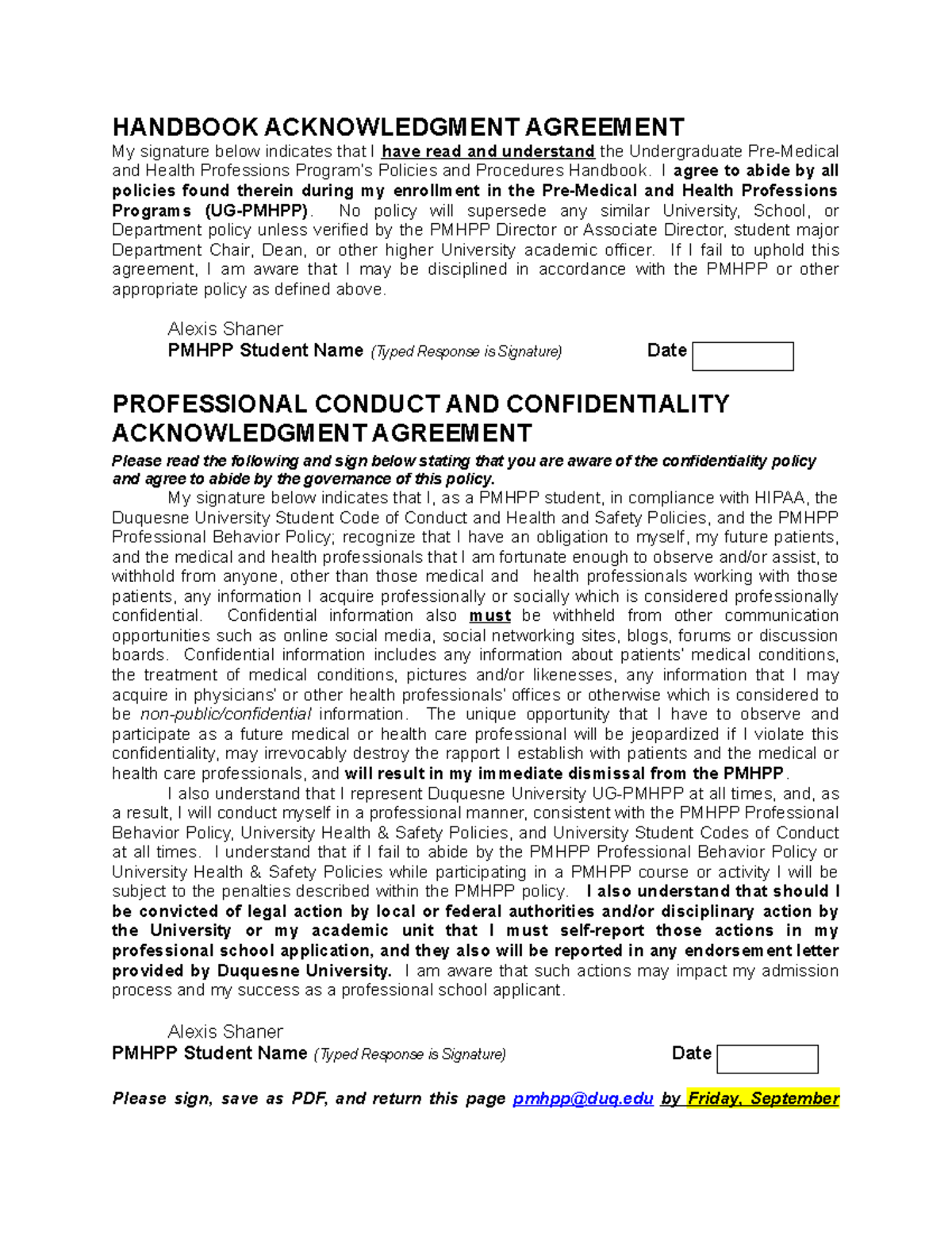 20222023 Undergraduate Handbook and Hipaa Forms4 HANDBOOK ACKNOWLEDGMENT AGREEMENT My