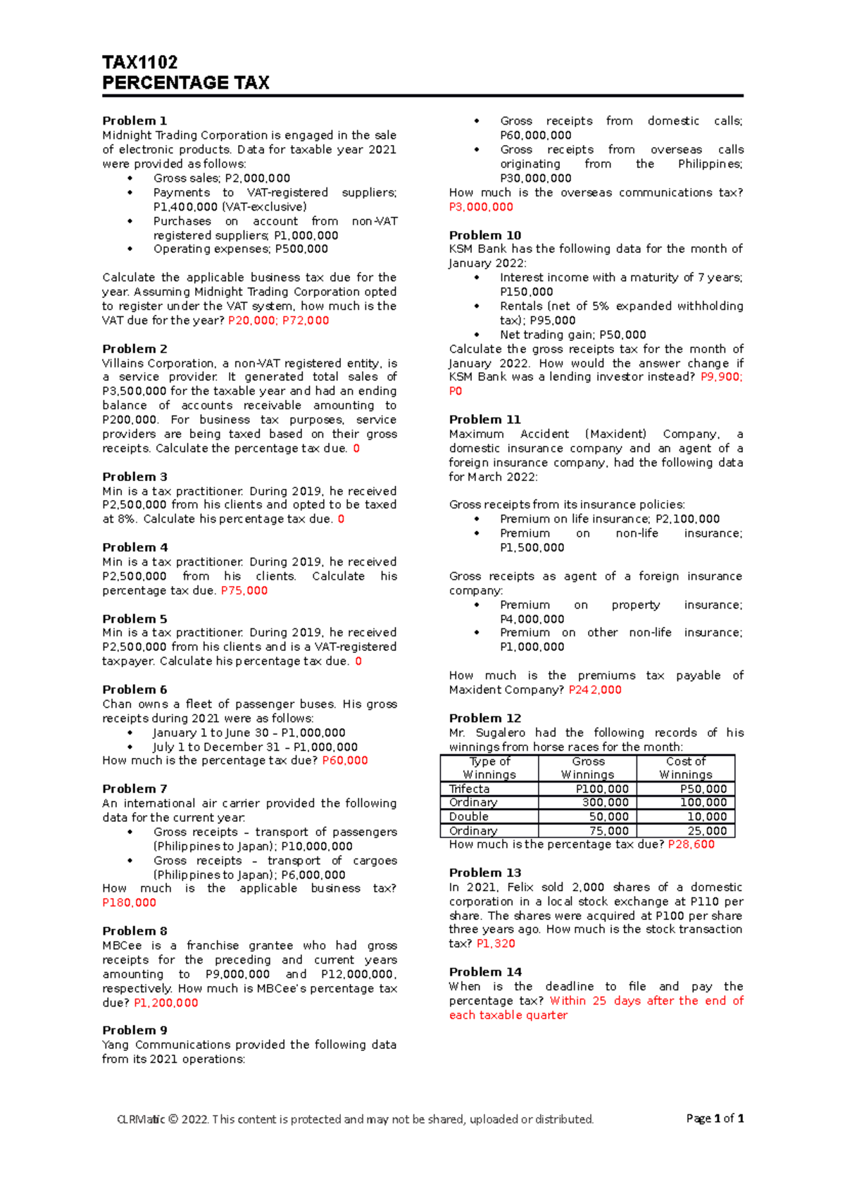 TAX1102 Percentage+Tax TAX PERCENTAGE TAX Problem 1 Midnight Trading