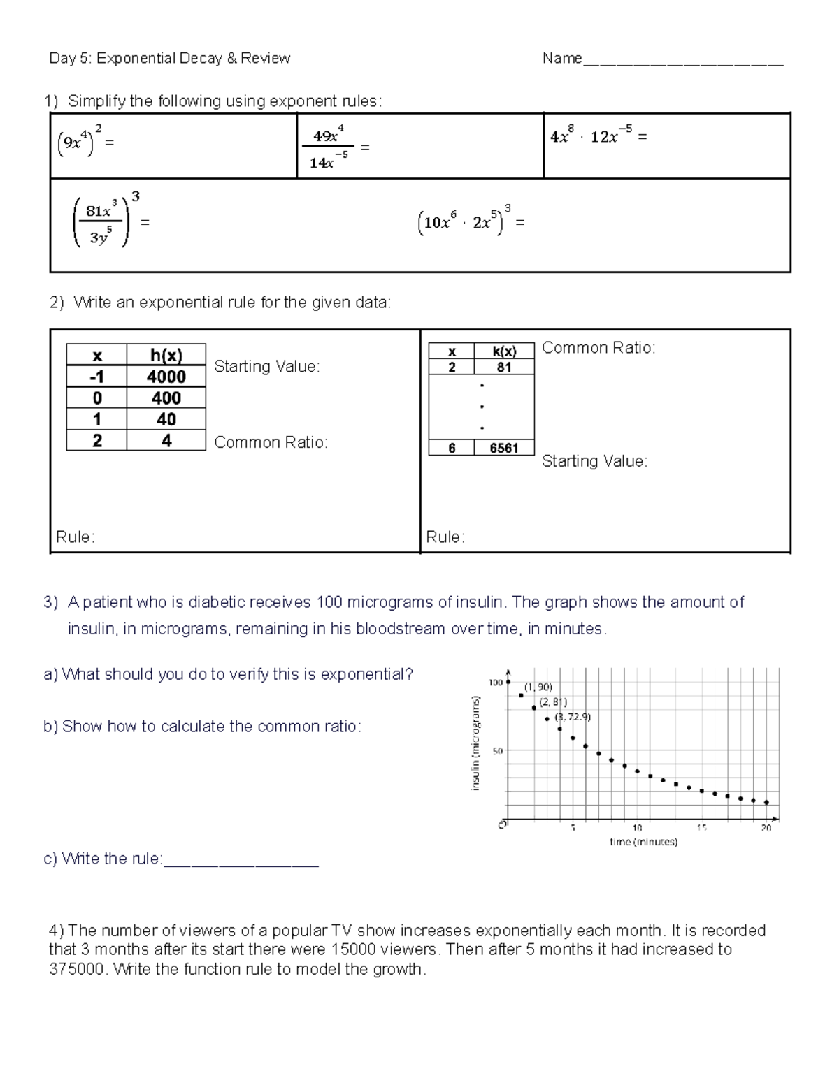 Day 5 HW - Math - Day 5: Exponential Decay & Review Name ...