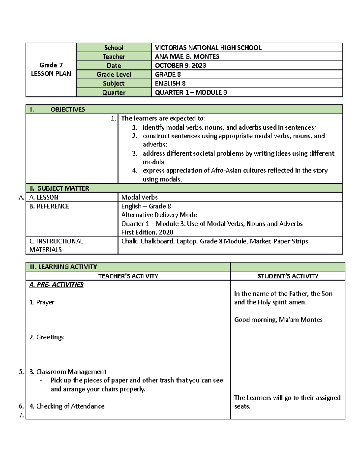 Quarter 1 - Module 3 Lesson 1 - Grade 7 LESSON PLAN School VICTORIAS ...