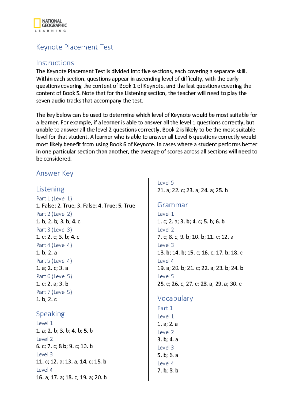 Solution Placement Test Answer Key