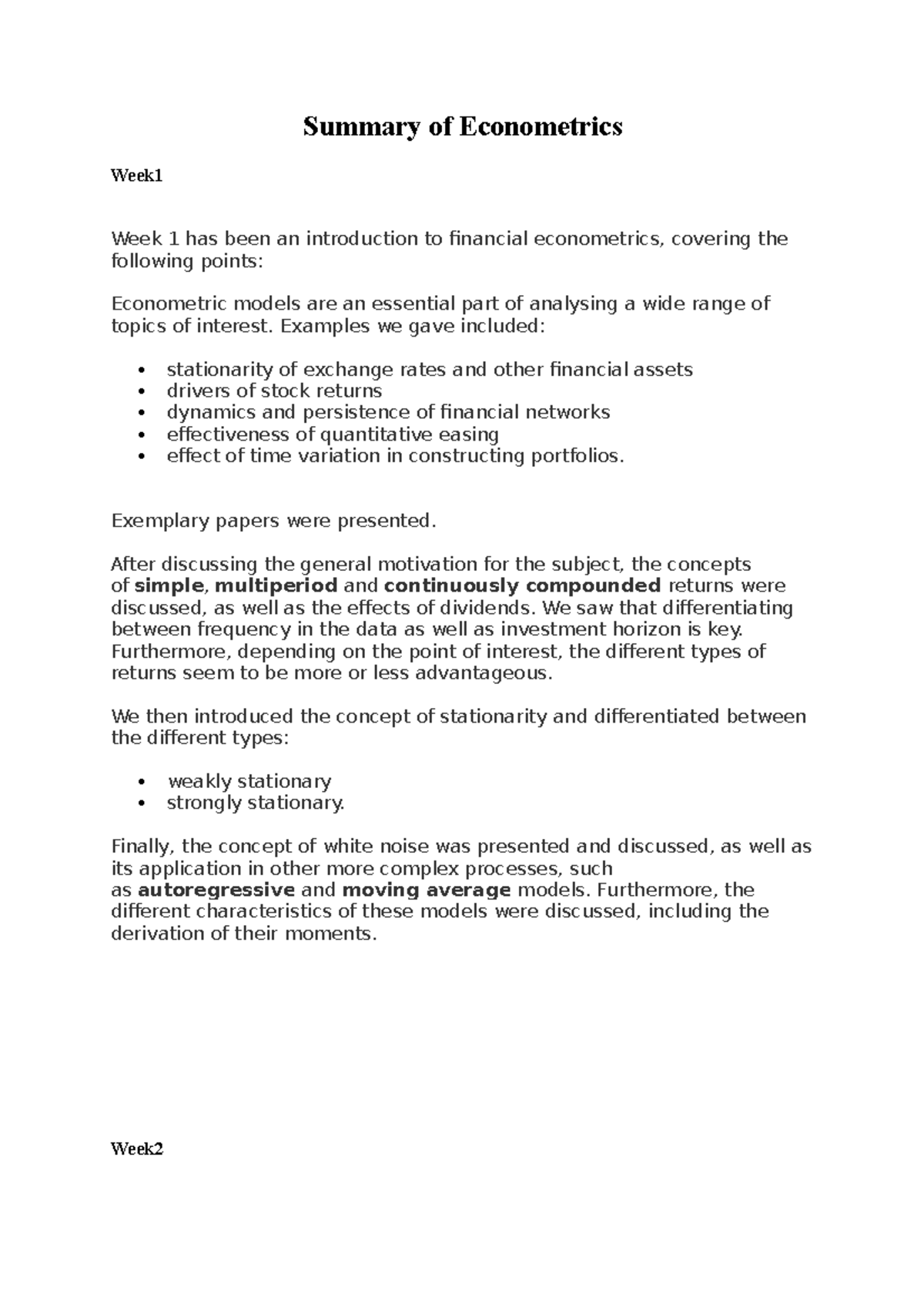 Summary of Econometrics Summary of Econometrics Week Week 1 has been