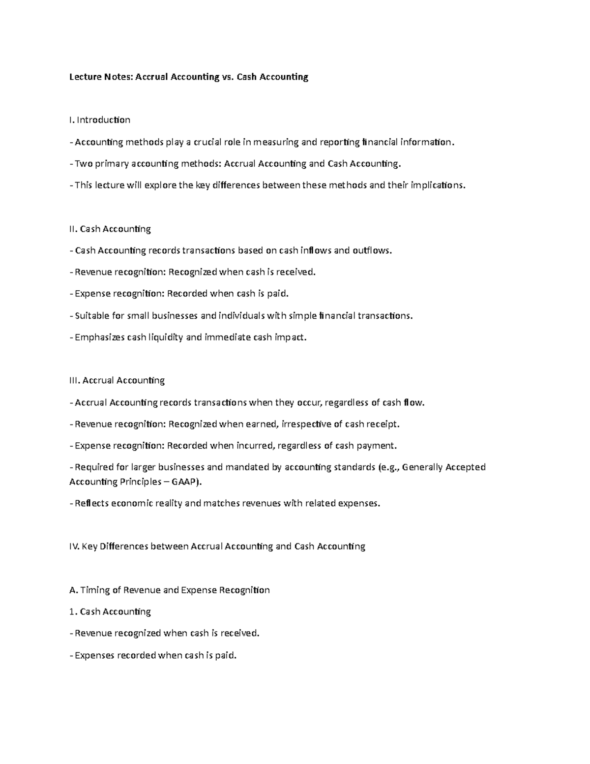Lecture Notes: Accrual Accounting vs. Cash Accounting - Lecture Notes ...