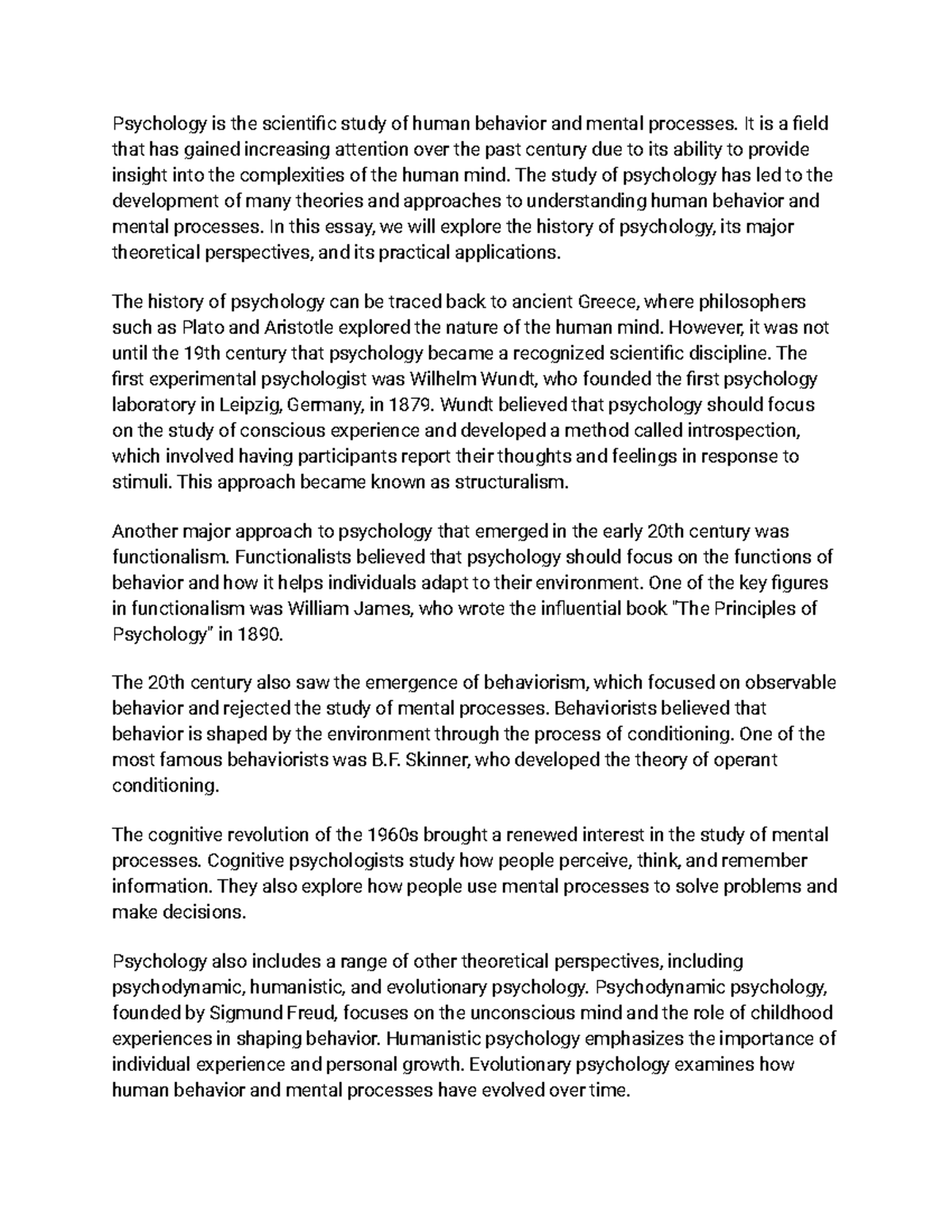 Studoc 4 - class essay - Psychology is the scientific study of human ...