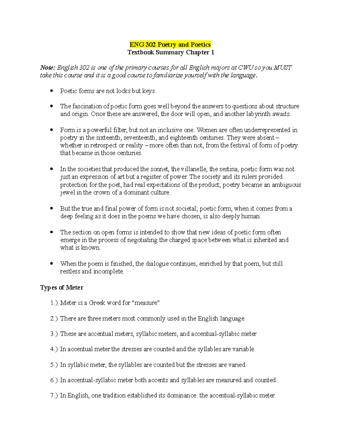 Chapter 1 Meter - Summary The Making of a Poem - ENG 302 Poetry and ...