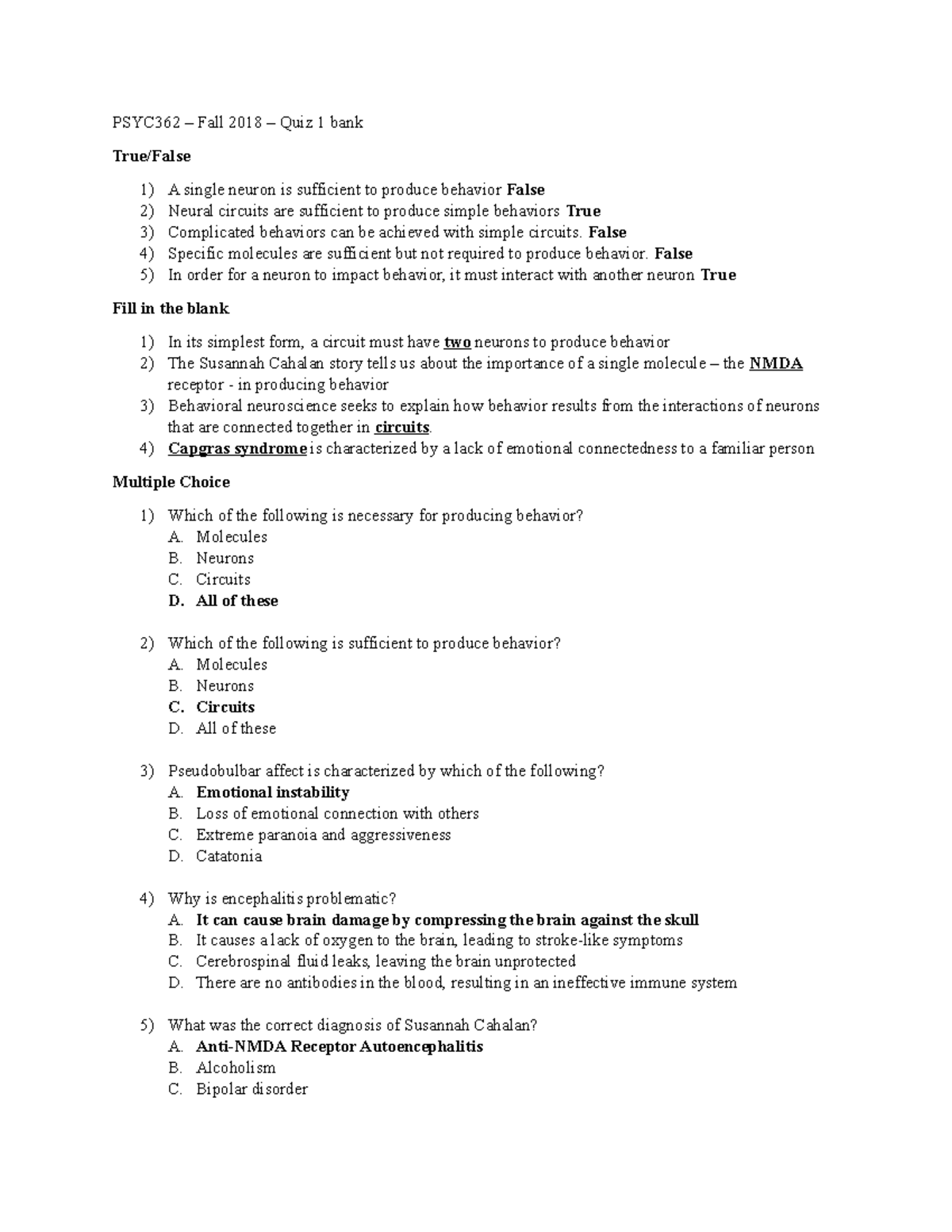 PSYC362 - Quiz 1 Bank - PSYC362 – Fall 2018 – Quiz 1 Bank True/False A ...