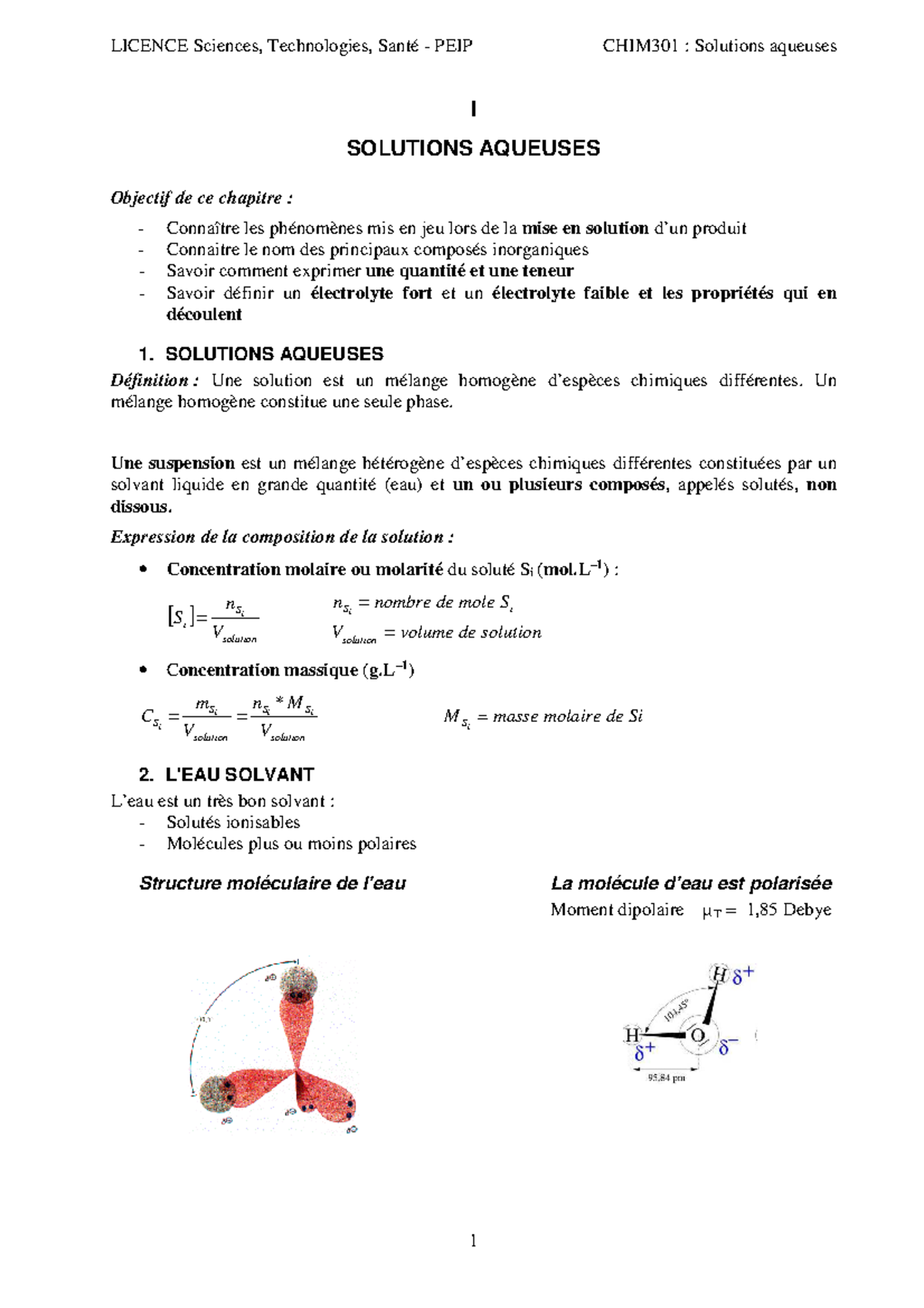 Chapitre 1 Les solutions aqueuses - LICENCE Sciences, Technologies ...