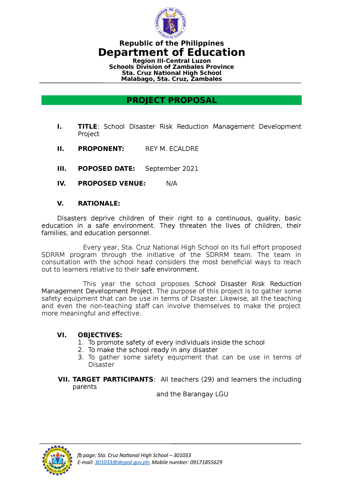 SCHOOL DISASTER RISK REDUCTION MANAGEMAENTProject Proposal 2021 