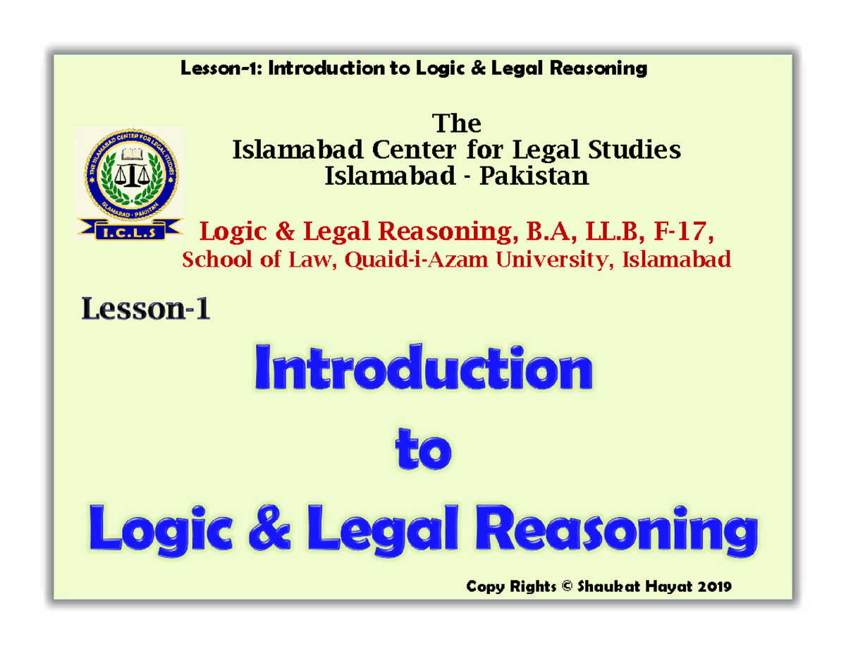 Lesson1 Introduction to Logic and Legal Reseasoning Logic & Legal