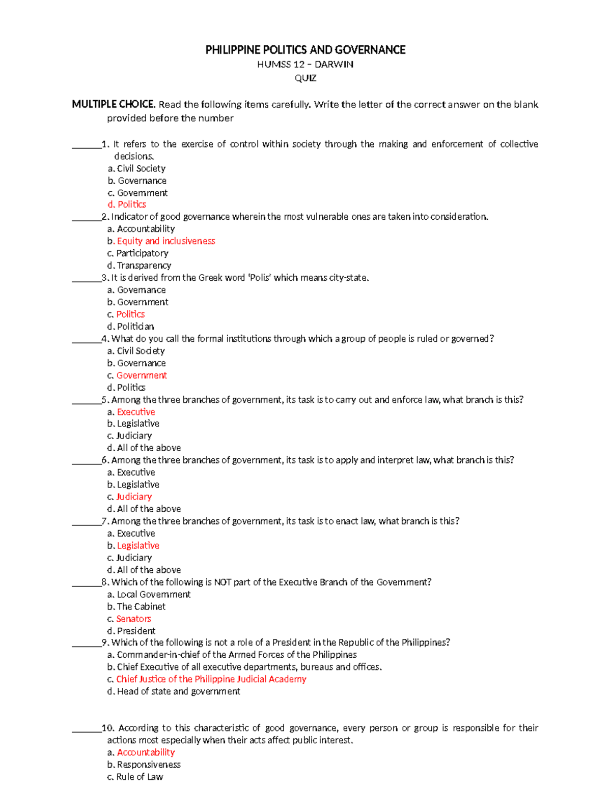 PPG Q1 QUIZ 1 - lecture notes - PHILIPPINE POLITICS AND GOVERNANCE ...