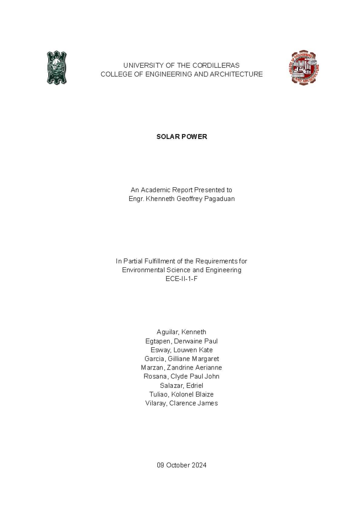Solar Power Written Report - UNIVERSITY OF THE CORDILLERAS COLLEGE OF ...