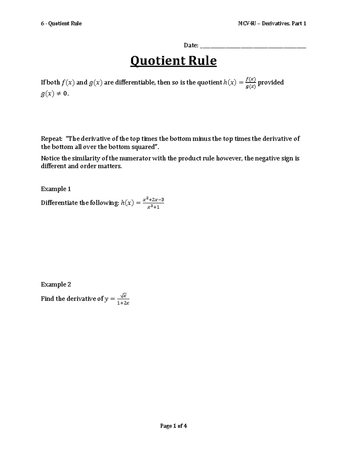 06 Quotient Rule Assignment Date Quotient Rule 6021