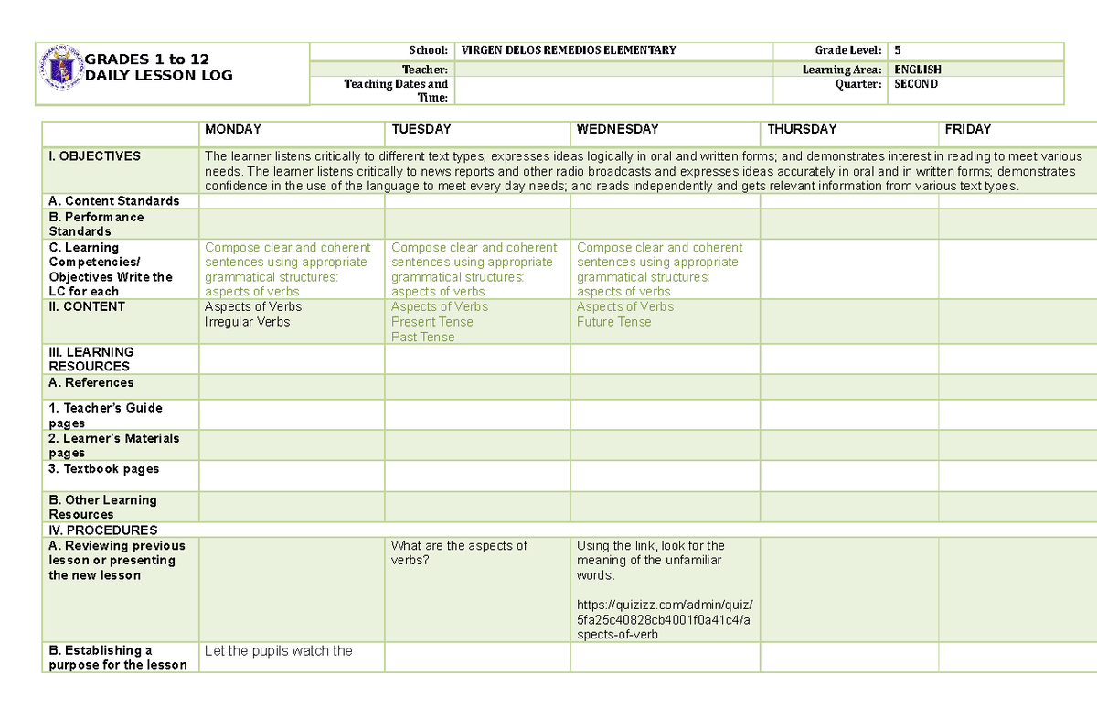 Dll english 5 week 4 q2 - notes - GRADES 1 to 12 DAILY LESSON LOG ...