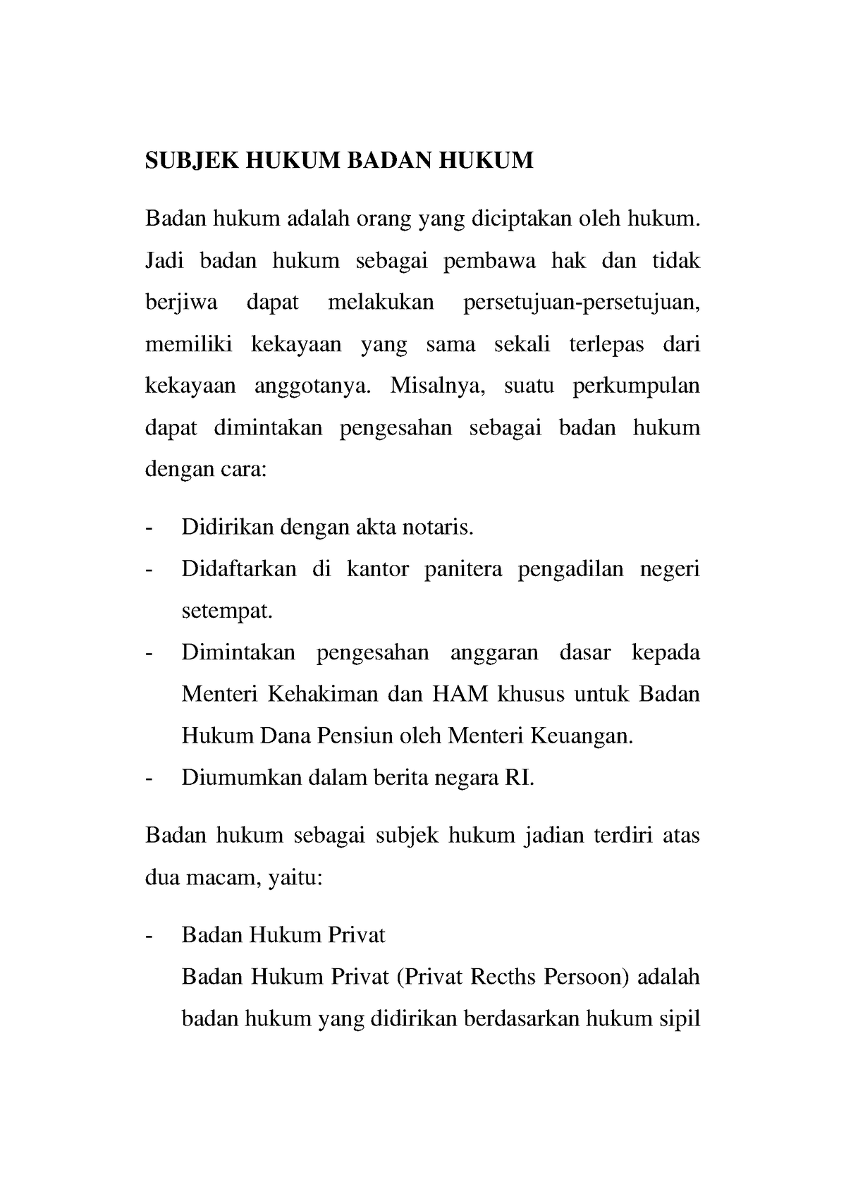 Subjek Hukum Badan Hukum - SUBJEK HUKUM BADAN HUKUM Badan Hukum Adalah ...