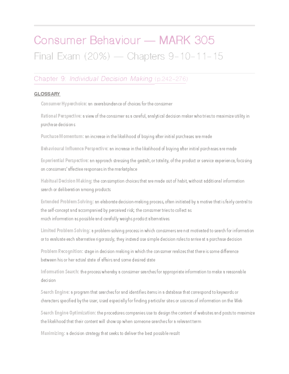 MARK 305 Final Exam Prep - Consumer Behaviour — MARK 305 Final Exam (20 ...