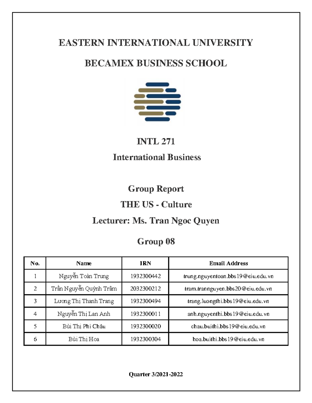 Group 8 Report 2 INTL271 EASTERN INTERNATIONAL UNIVERSITY BECAMEX