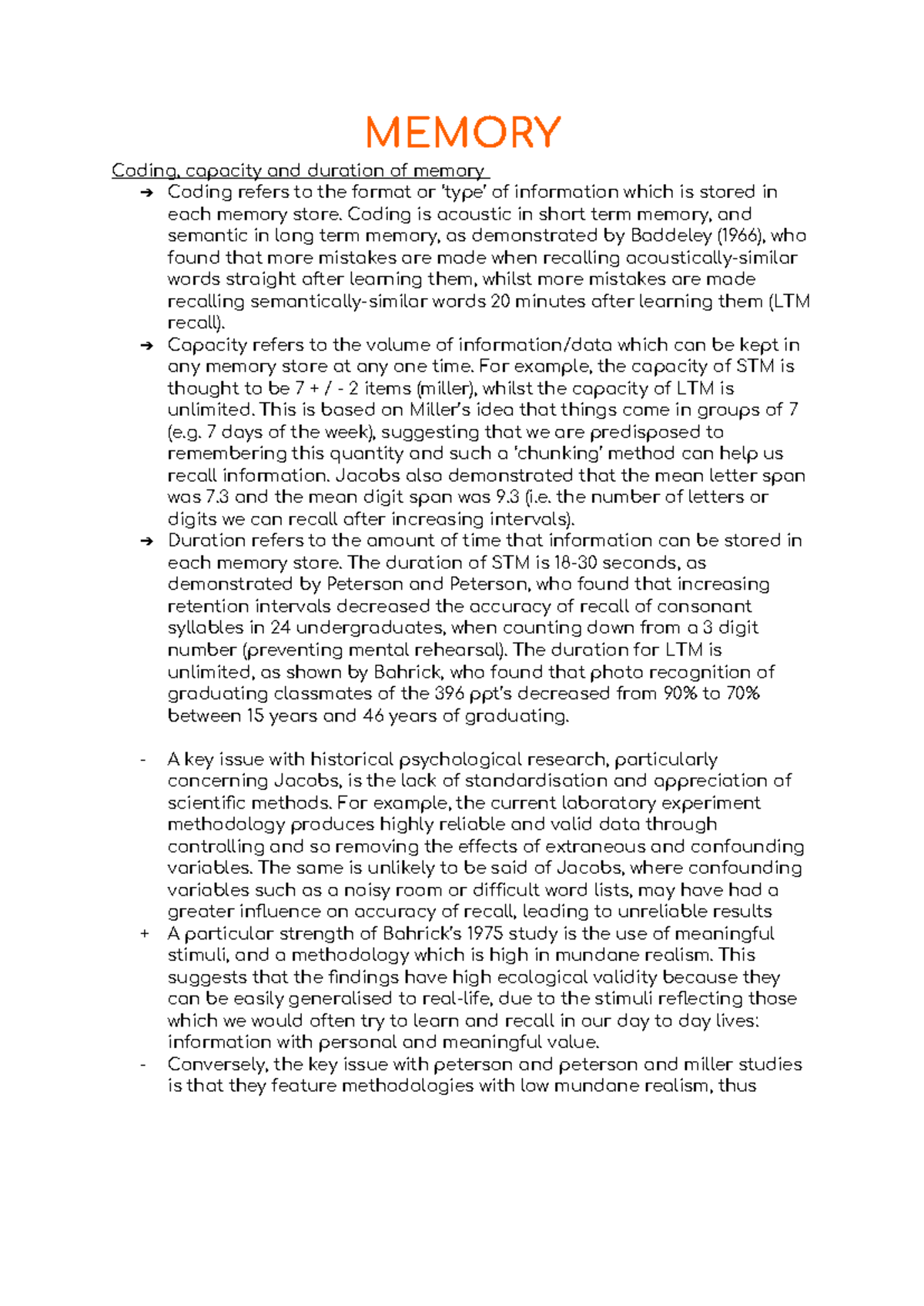 Memory Class Notes - Memory Coding, Capacity And Duration Of Memory 