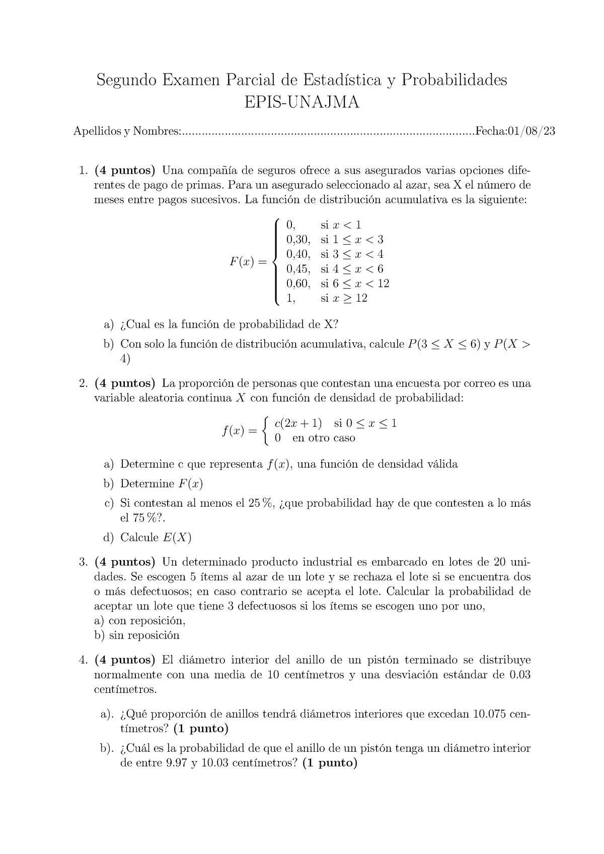 Segundo Examen Parcial DE Estadística Y Probabilidades EPIS 23 I ...