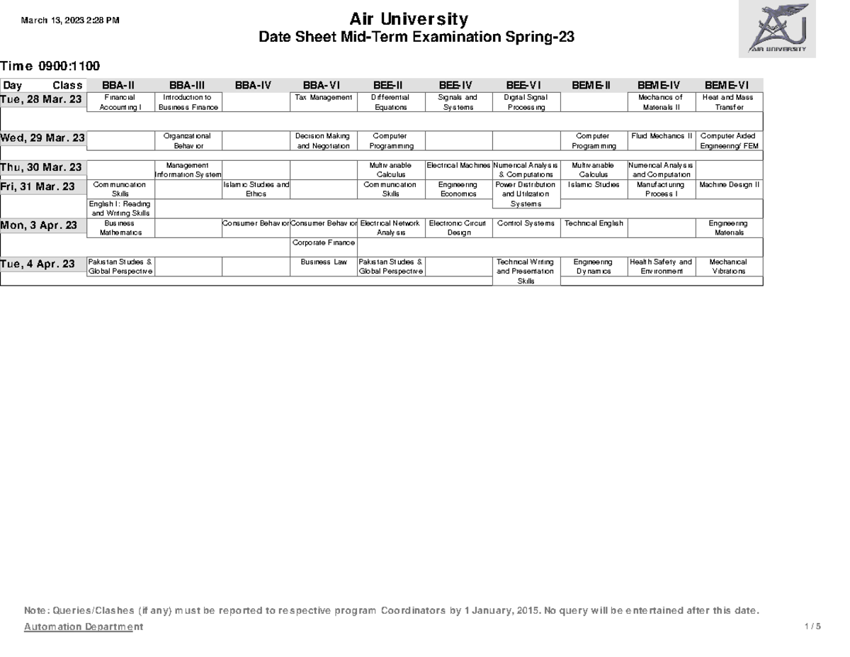 Date Sheet Mid Term Examination Spring-23 - Air Unive rs ity Note: Que ...