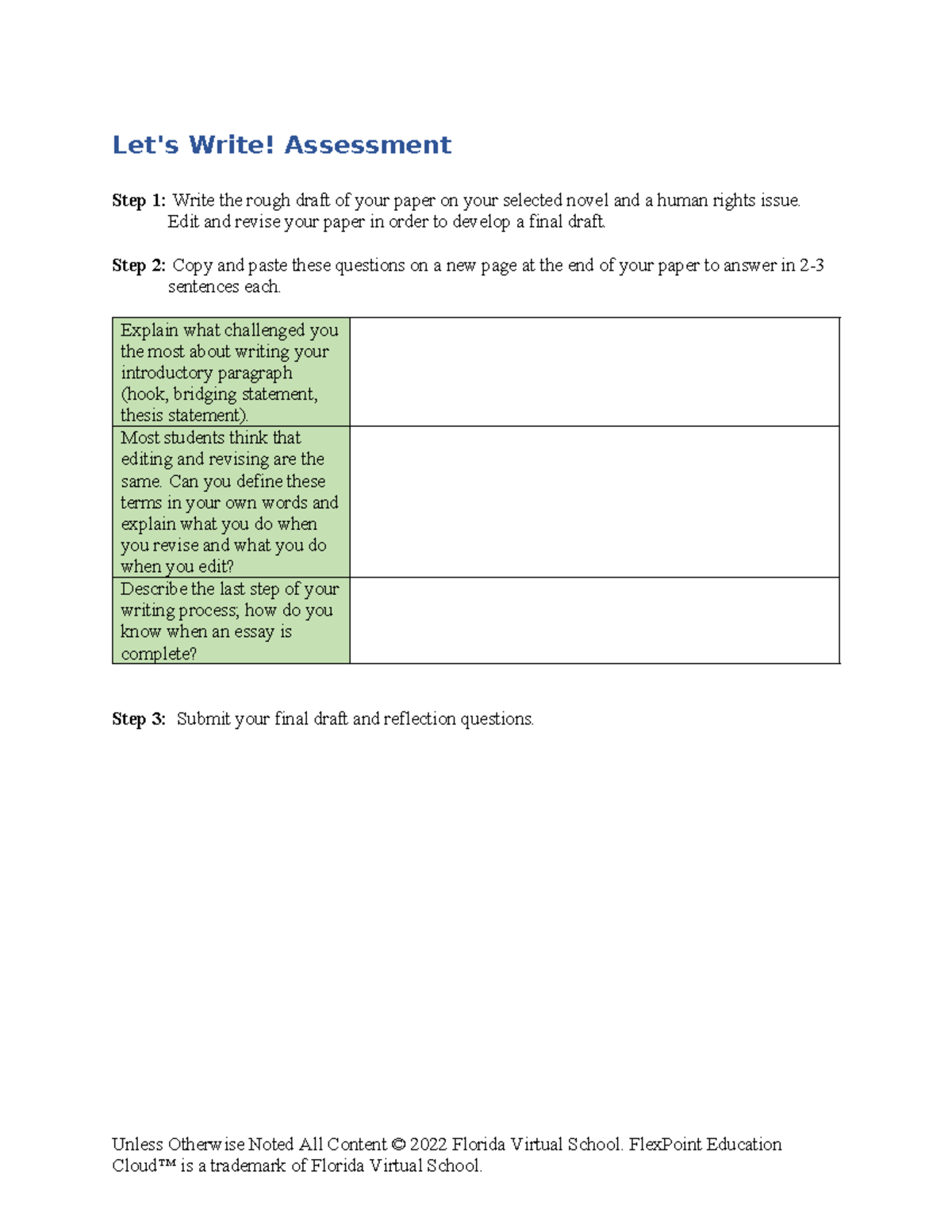 Write assess rubric - Let's Write! Assessment Step 1: Write the rough ...