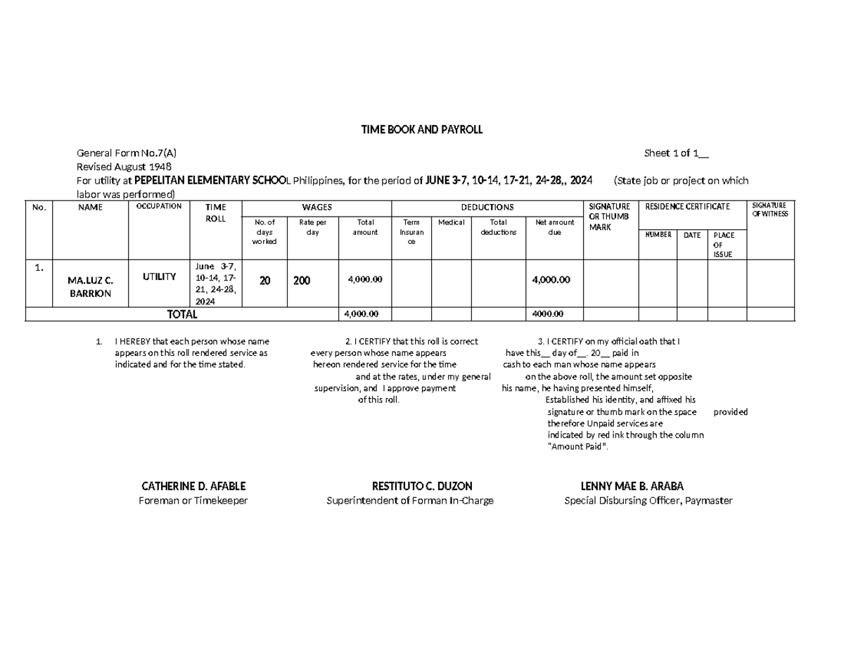 TIME BOOK AND Payroll - TEMPLATE - TIME BOOK AND PAYROLL General Form ...