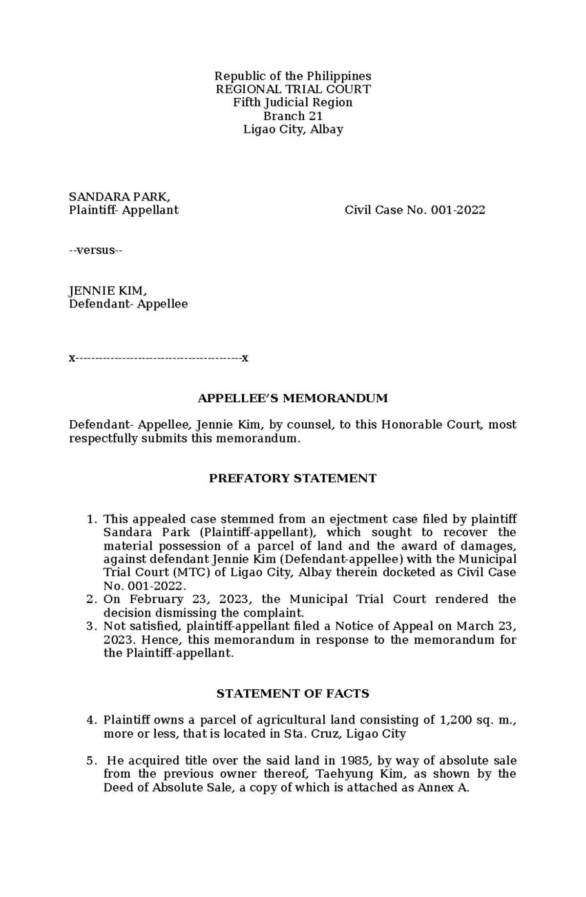 Appellee's Memorandum - Republic of the Philippines REGIONAL TRIAL ...