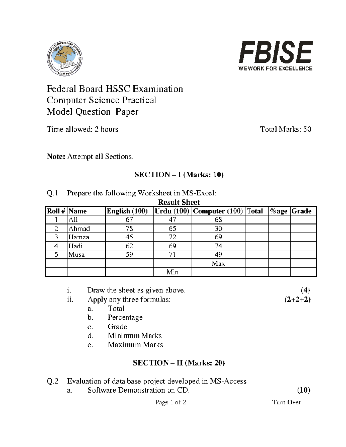 Practical Model Paper Of Computer Science HSSC - FBISE WE WORK F OR ...