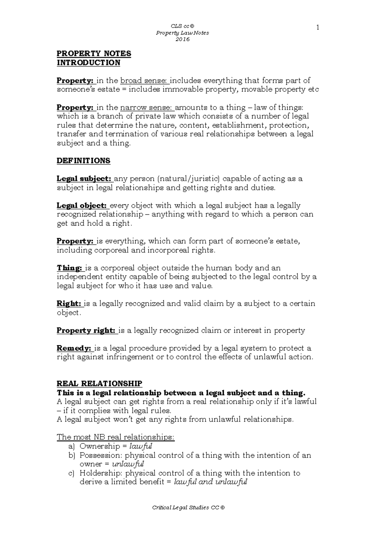 Property Notes 2016 - PVL3701 - Unisa - Studocu