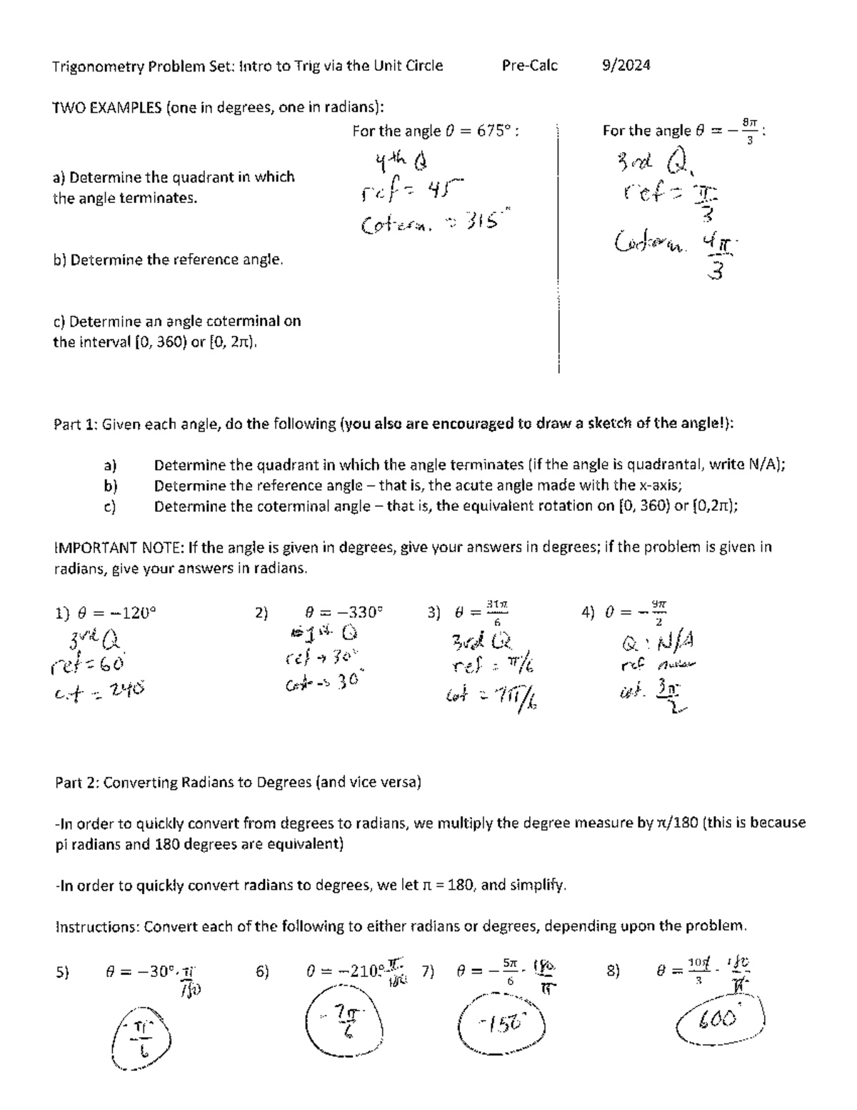 PC - intro to trig extra practice packet - solutions - Trigonometry ...