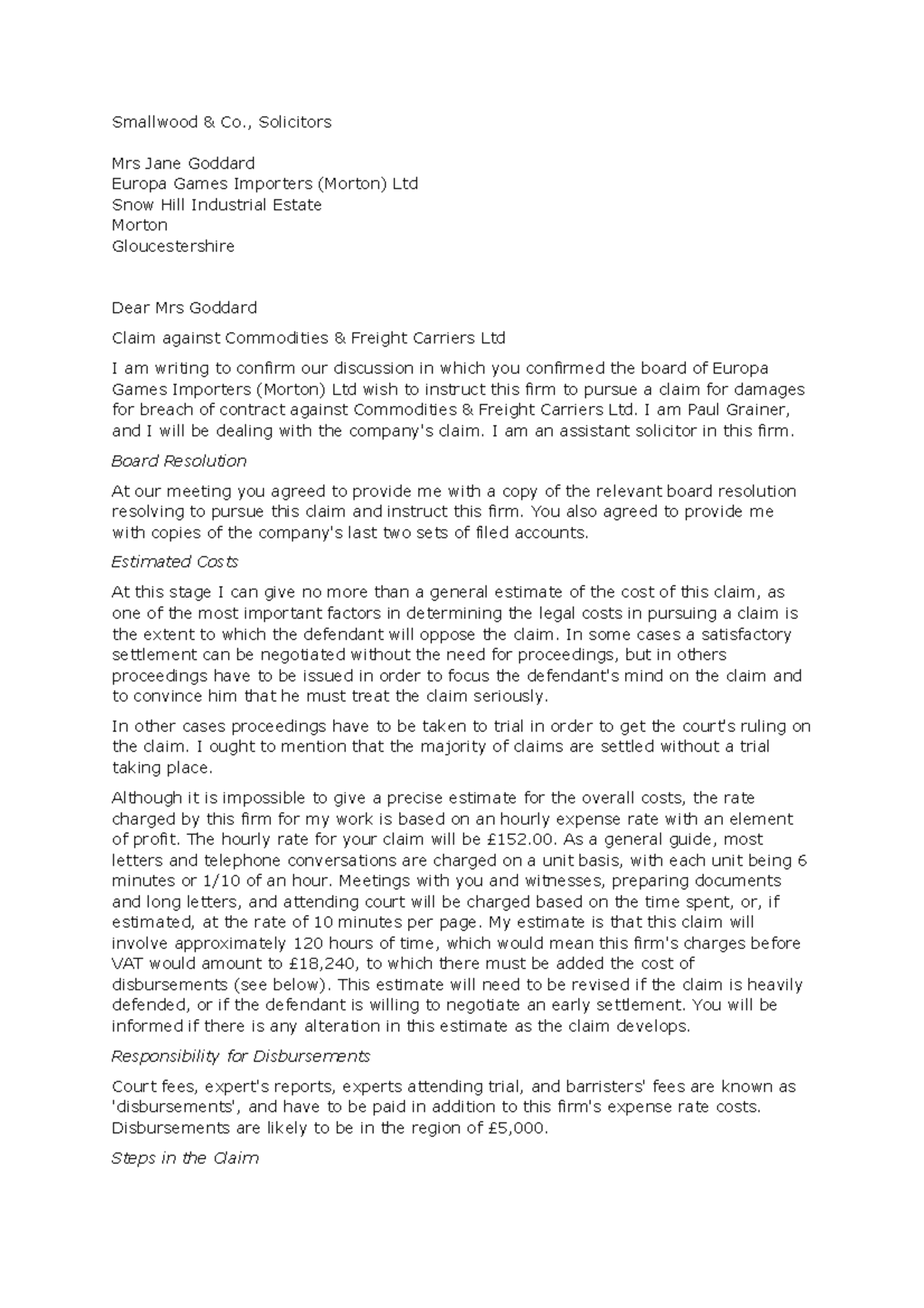 Civil litigation letter - Smallwood & Co., Solicitors Mrs Jane Goddard ...