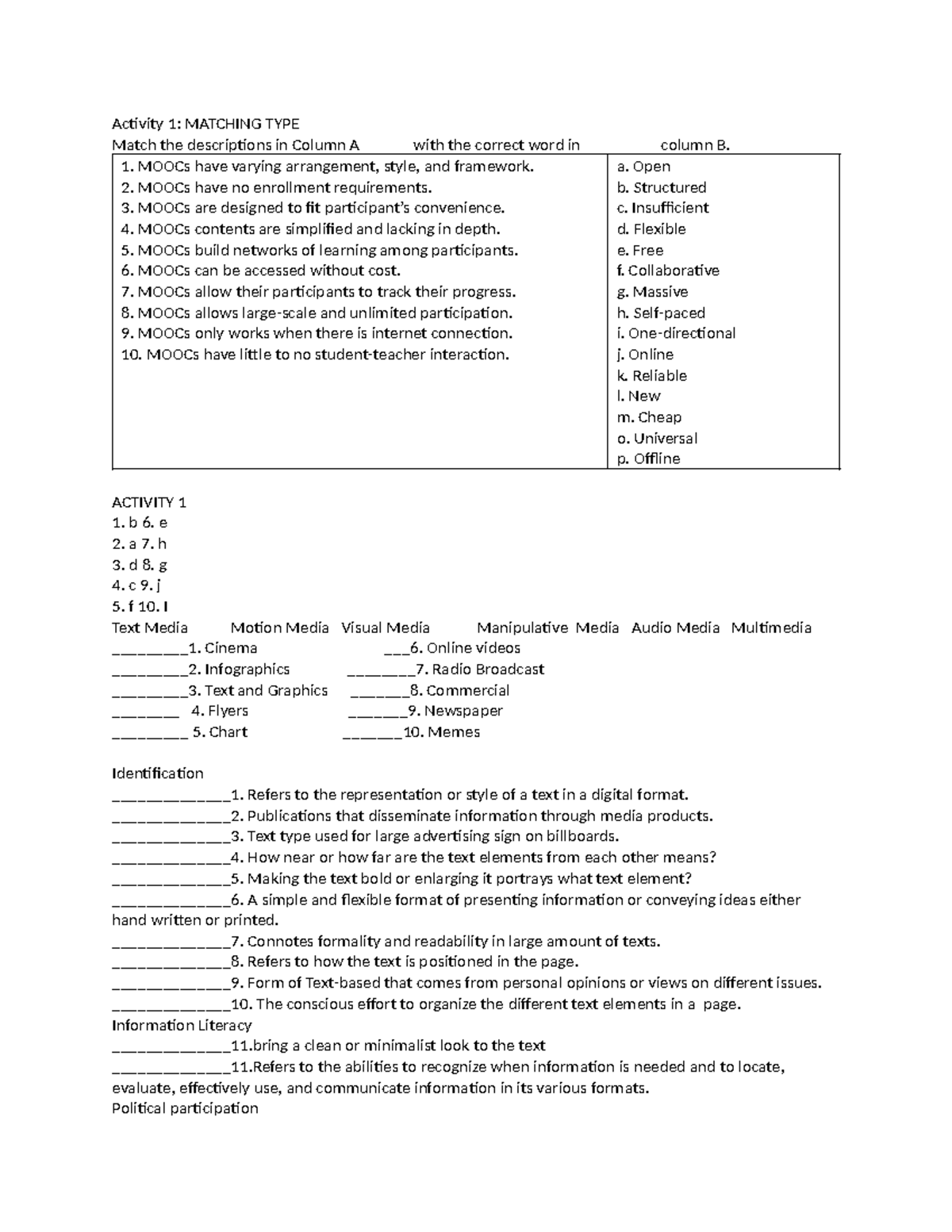 Quiz 2 quiz Activity 1 MATCHING TYPE Match the descriptions in
