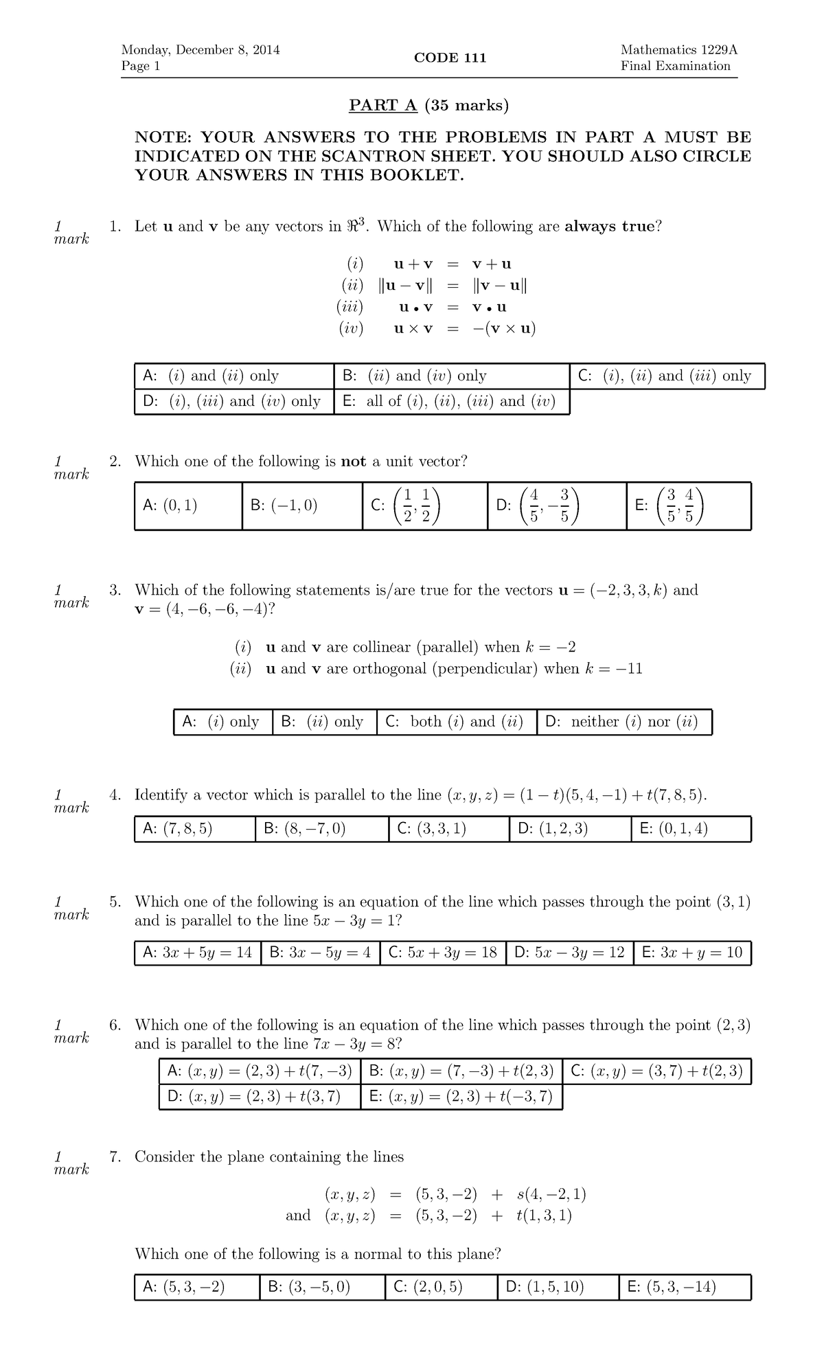 MATH1229 - Final Exam - 2014 - Monday, December 8, 2014 Page 1 CODE 111 ...