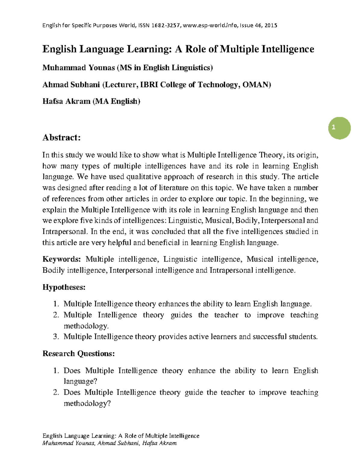 Younas Multiple Intelligence - English Language Learning: A Role of