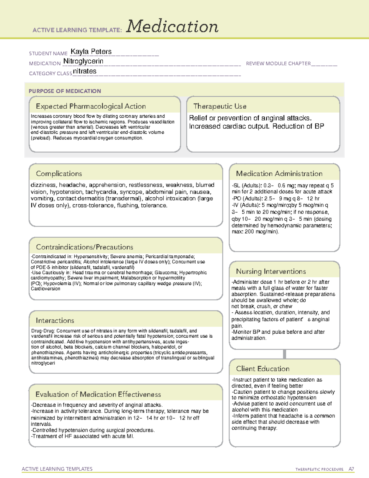 Medication Nitroglycerin ACTIVE LEARNING TEMPLATES THERAPEUTIC