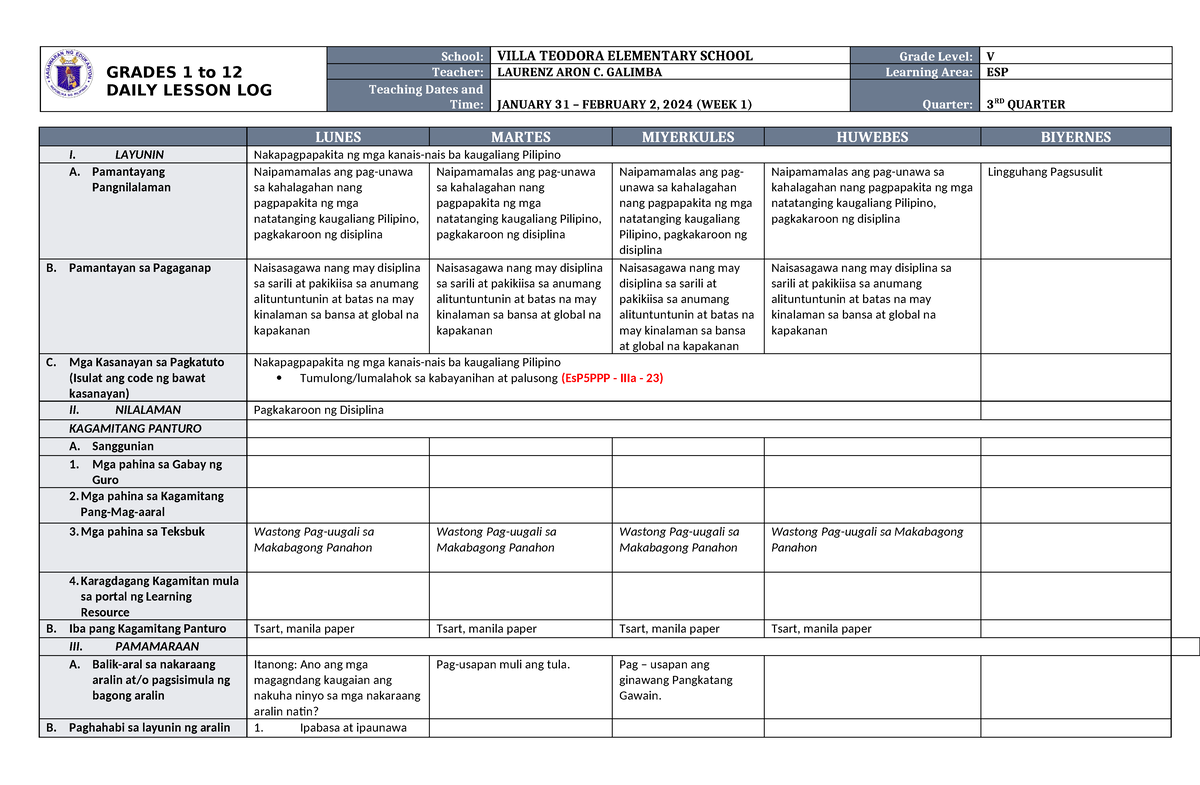 ESP Q3 W1 - values - GRADES 1 to 12 DAILY LESSON LOG School: VILLA ...