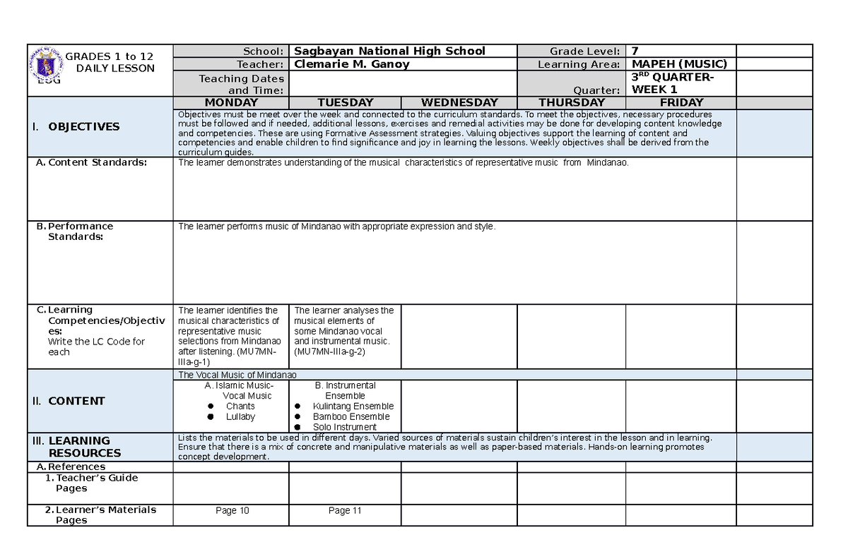 DLL- Mapeh Q3 Music Week 1 - GRADES 1 to 12 DAILY LESSON LOG School ...