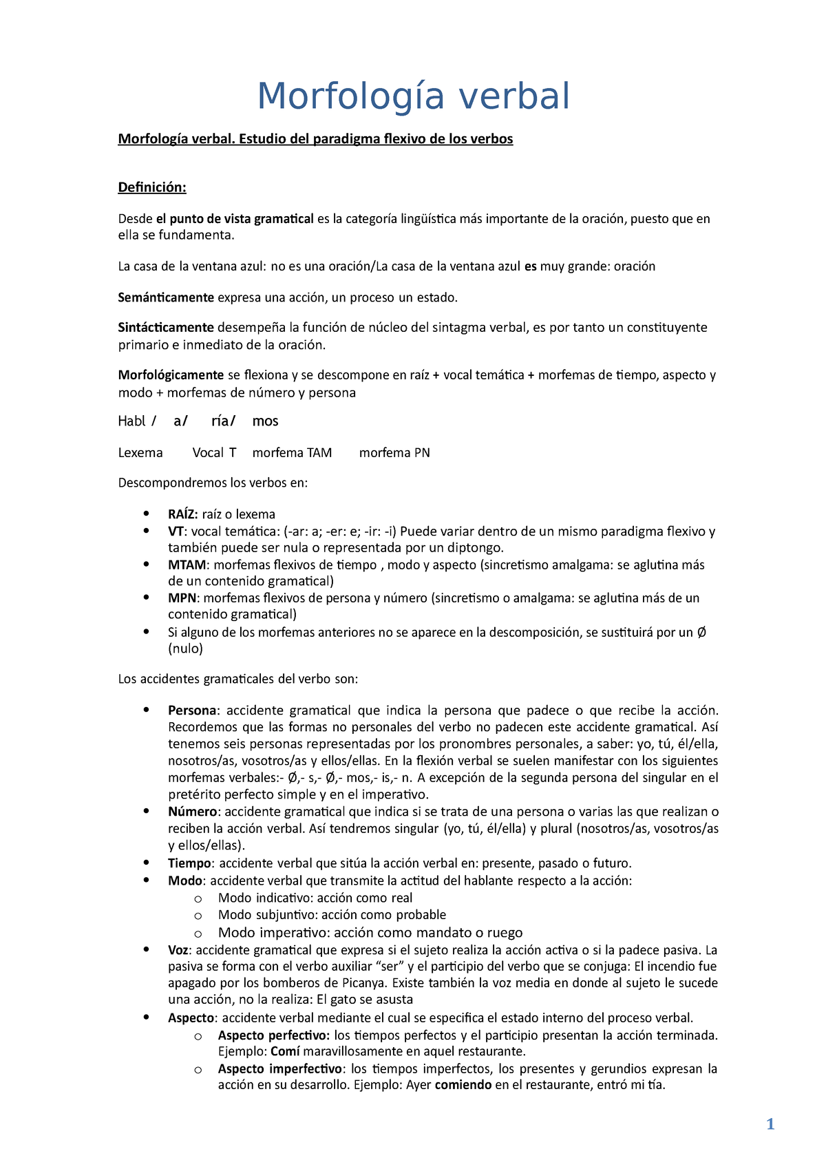 Dosier Morfolog Ã­a Verbal - Morfología Verbal. Estudio Del Paradigma ...