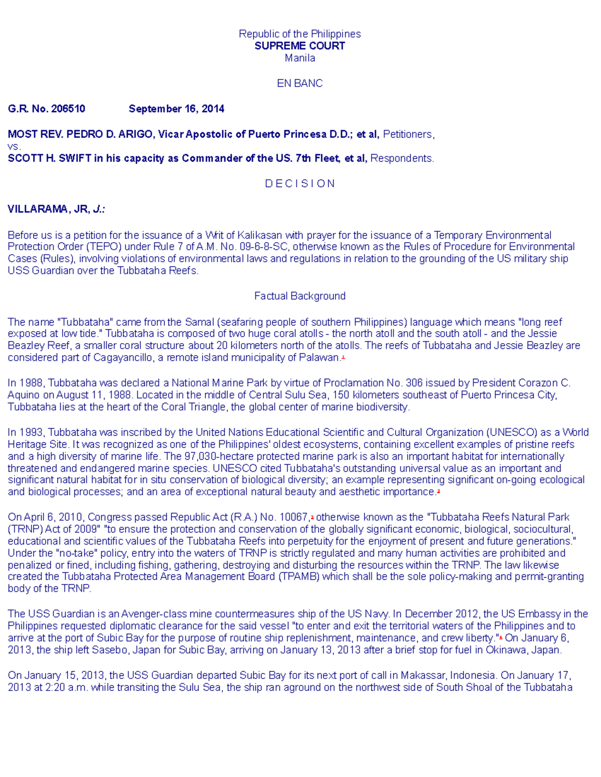 10. Most Rev. Pedro D. Arigo, et al. v. Scott H. Swift, et al., G.R. No ...