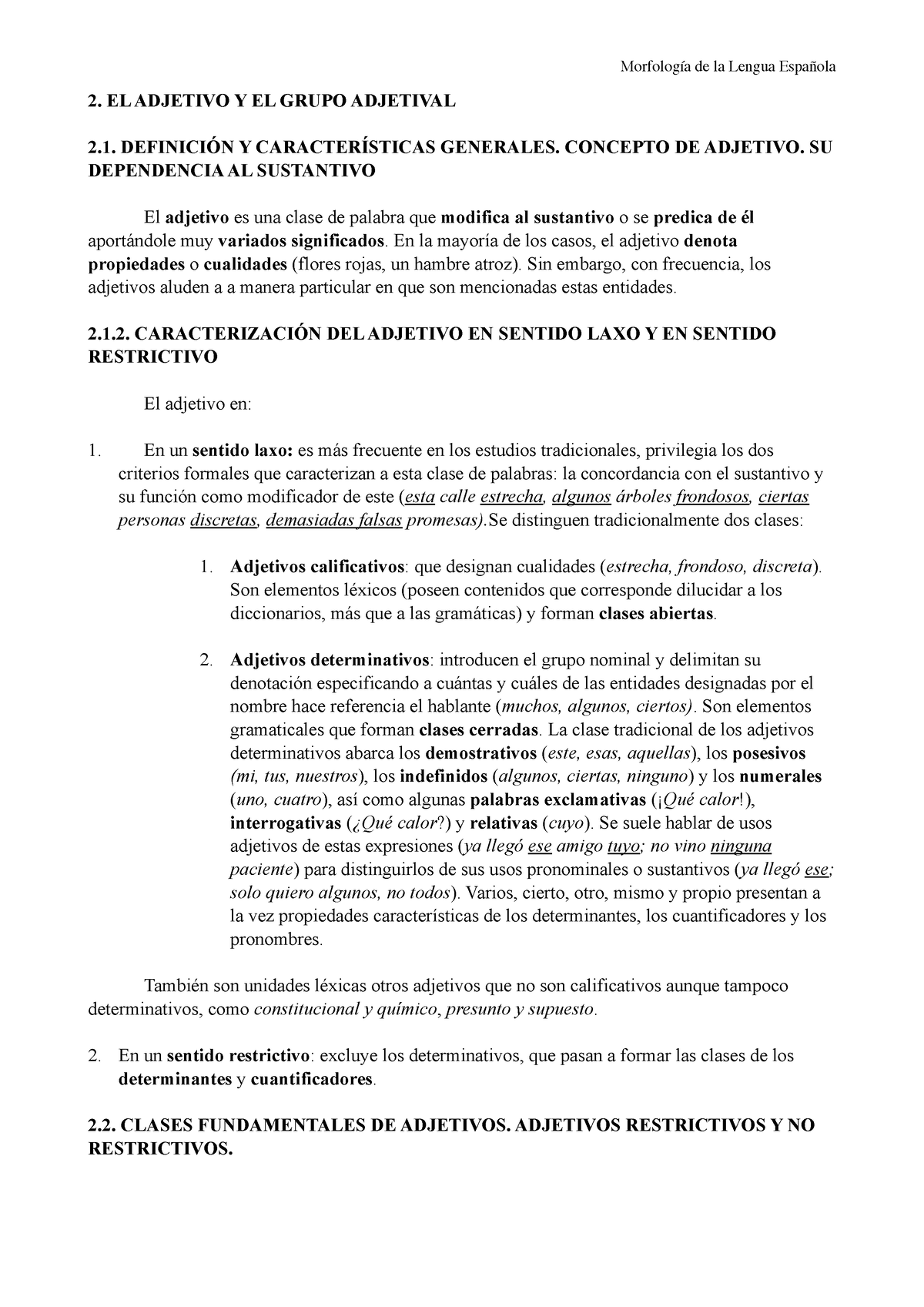 Morfolog A De La Lengua Tema El Adjetivo Parte El Adjetivo Y El Grupo Adjetival